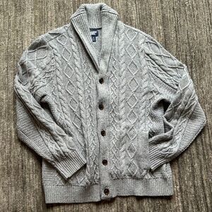 Cotton Blend Grey Cable Knit Grandpa Cardigan with Pockets (size M)